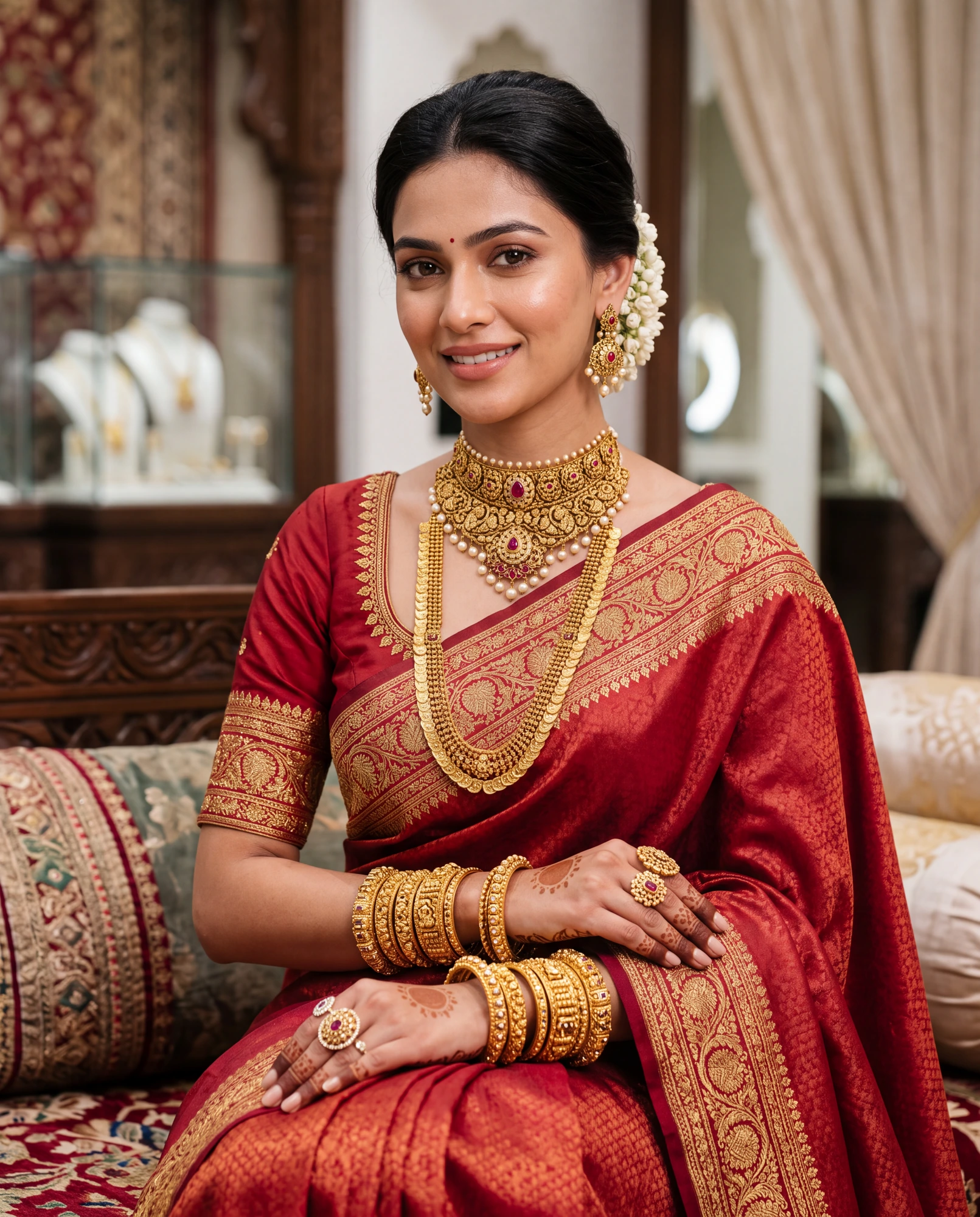 Bride in a red Banarasi saree wearing a full gold bridal set — choker, sitahar, earrings, bangles and rings — at Jeweller Kalika Prasad, Howrah