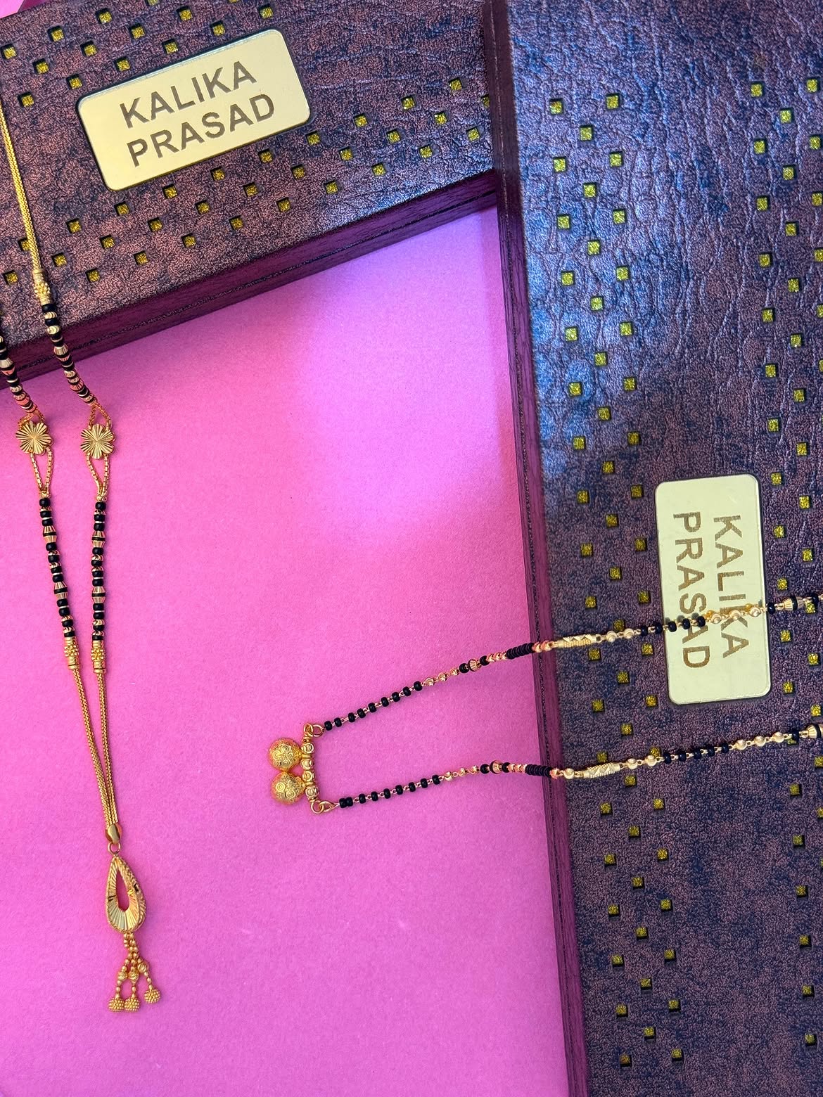 Gold mangalsutras with pendants from Jeweller Kalika Prasad